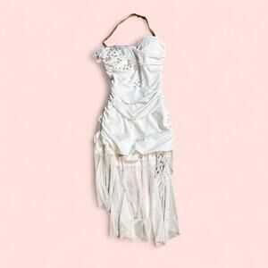 White Dobreva  Sequin Beaded Rhinestone Laced Glam Swan Dress Padded Bra Size S